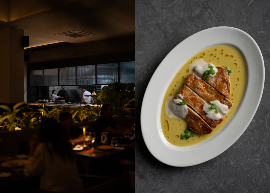 Side by side picture of BARA BISTRO Interior with one of their signature menu Grilled Chicken Maryland.