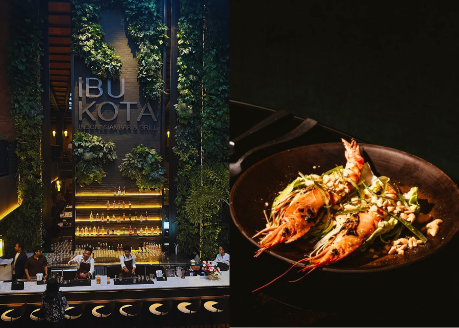 Side by side picture of Ibu Kota Restaurant Canggu and on the right is a picture of their grilled prawn.