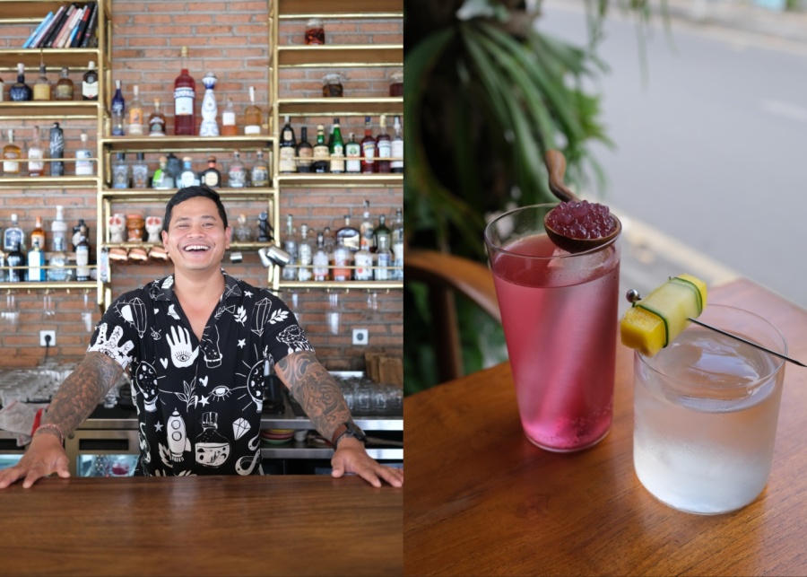 Cocktails on the bar alongside mixologist Ketut - owner of Ibu Susu cocktail bar in Ubud, Bali, Indonesia