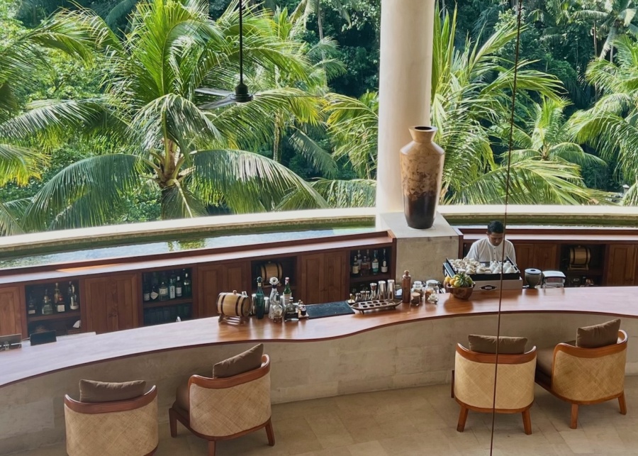 Jungle views at Jati bar at Four Seasons Resort in Ubud, Bali, Indonesia
