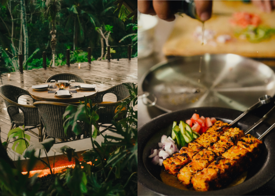 A bamboo-deck dining table overlooking Ubud’s rice fields next to a close-up of Juna’s grilled tempeh skewers served with fresh vegetables.