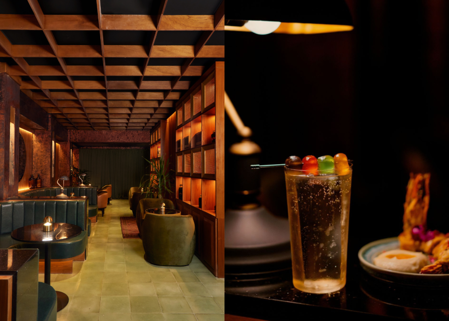 a side by side picture of Whisper Cove Ubud interior and signature drink.
