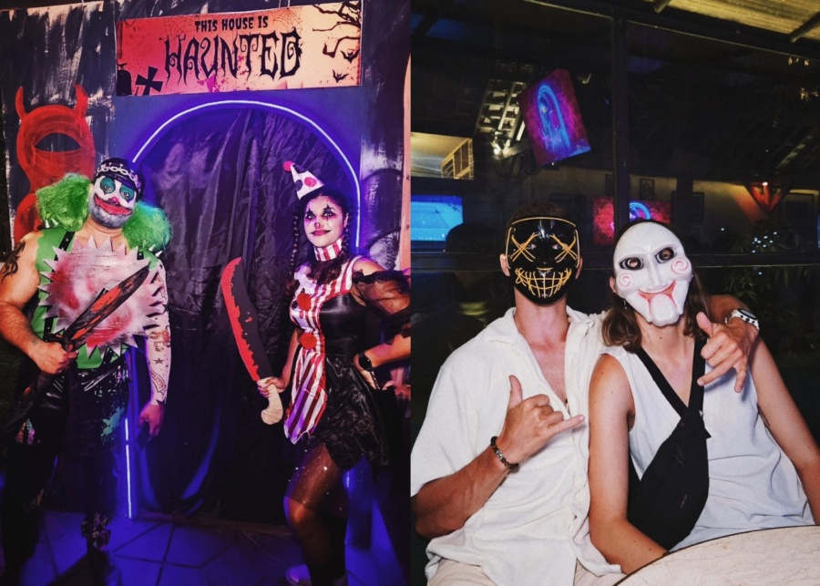 Haunted maze and guests in costume for Halloween party at The Blue Door in Ubud, Bali, Indonesia