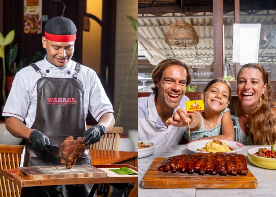 Tableside pork knuckle carving at WAHAHA in Seminyak and Jimbaran, Bali, Indonesia