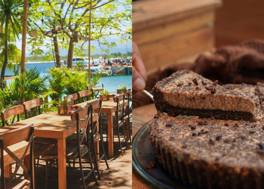 Wooden outdoor tables overlooking the water at Kayu Café, paired with a close-up of a slice of chocolate nut cake being served.