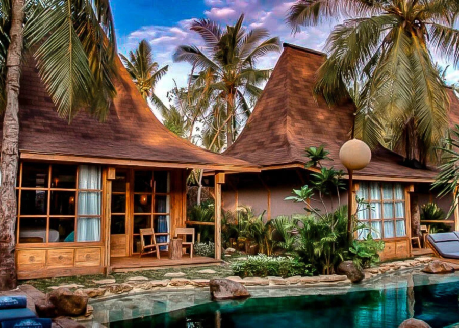 Traditional joglo wooden houses at Kuno Villas - a boutique, eco-friendly resort in Gili Trawangan, Lombok, Indonesia