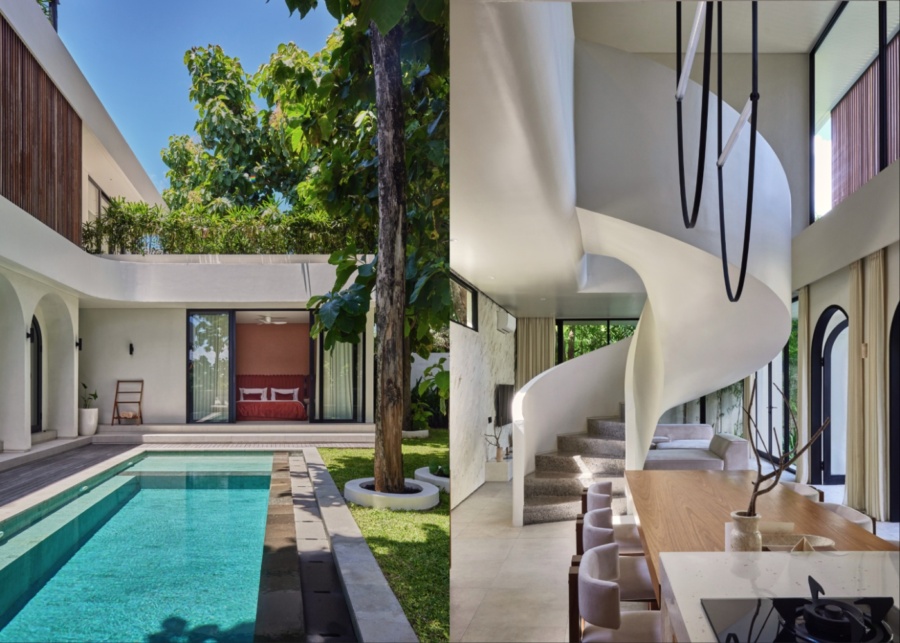 The private pool and garden, and interior with high ceilings inside one of the luxury villas at Lyvin Bingin in Uluwatu, Bali, Indonesia
