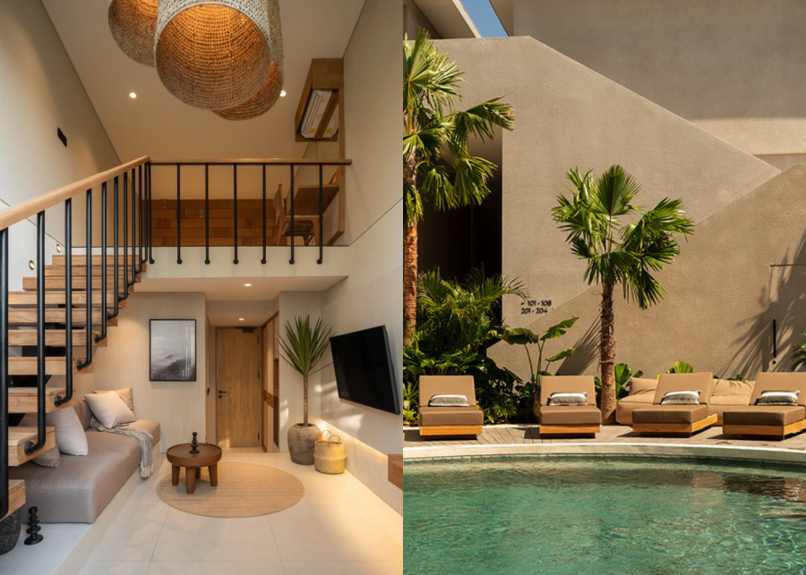 Interior of a loft-style suite and poolside lounge area at Mira Hotel & Recovery in Bingin, Bali