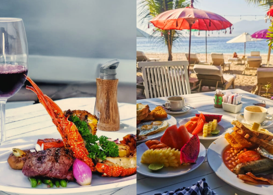 Beachfront dining setup at Scallywags in Gili Trawangan, featuring grilled seafood platters, breakfast plates, fresh fruit and coffee with ocean views