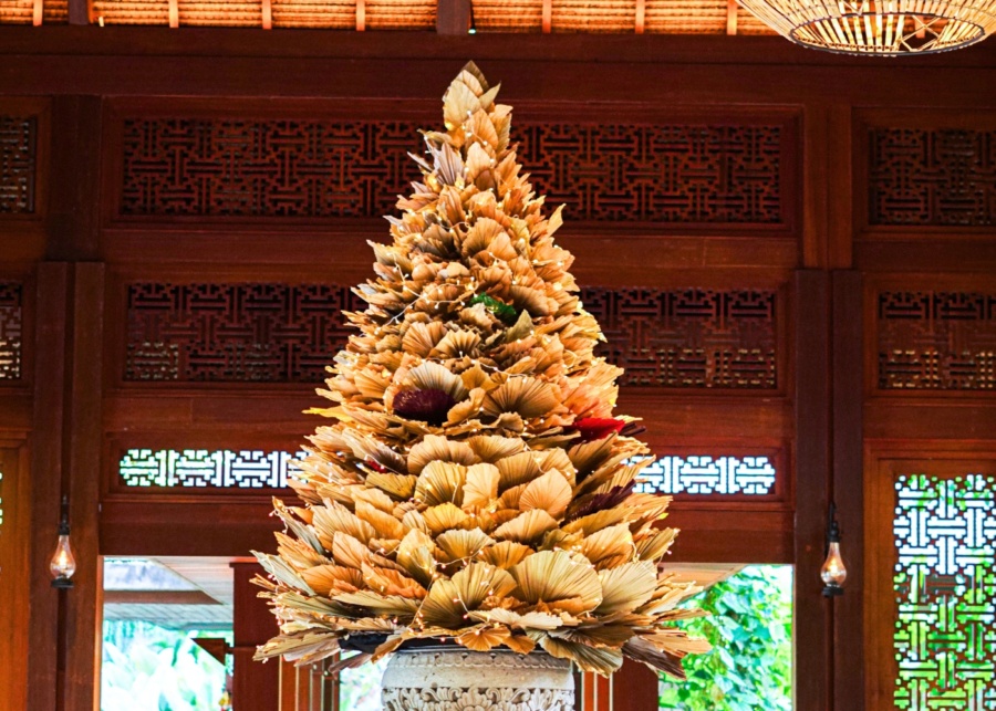 Christmas tree made with dried leaves on display at the lobby at Andaz Bali resort in Sanur, Indonesia