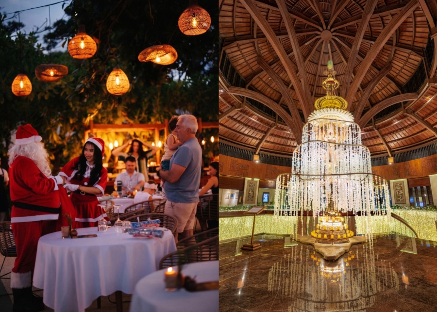 Santa Claus visit to cucina beach deck and lit up Christmas tree at the lobby at sofitel bali nusa dua beach resort