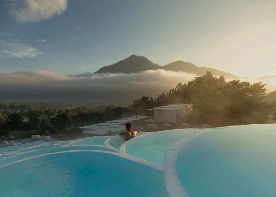 Hot tiered pools in Cinze, overlooking the mountains in Kintamani, Bali, Indonesia