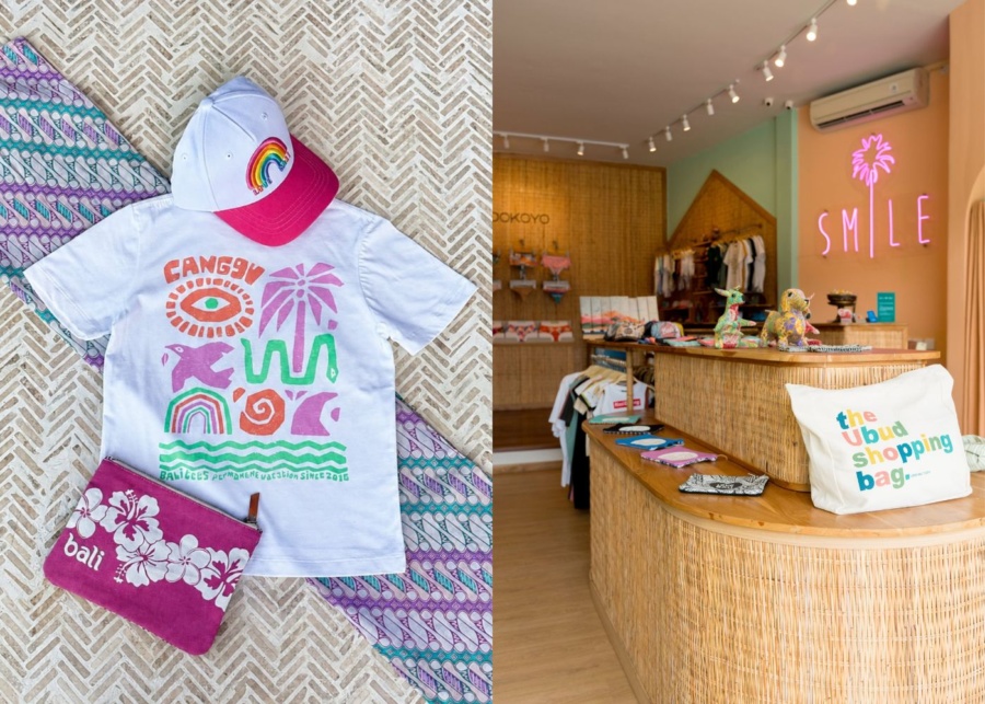 Printed T-shirts, pouches and shopping bags at Love Bali Tee souvenir shop in Bali, Indonesia - for Christmas gifts