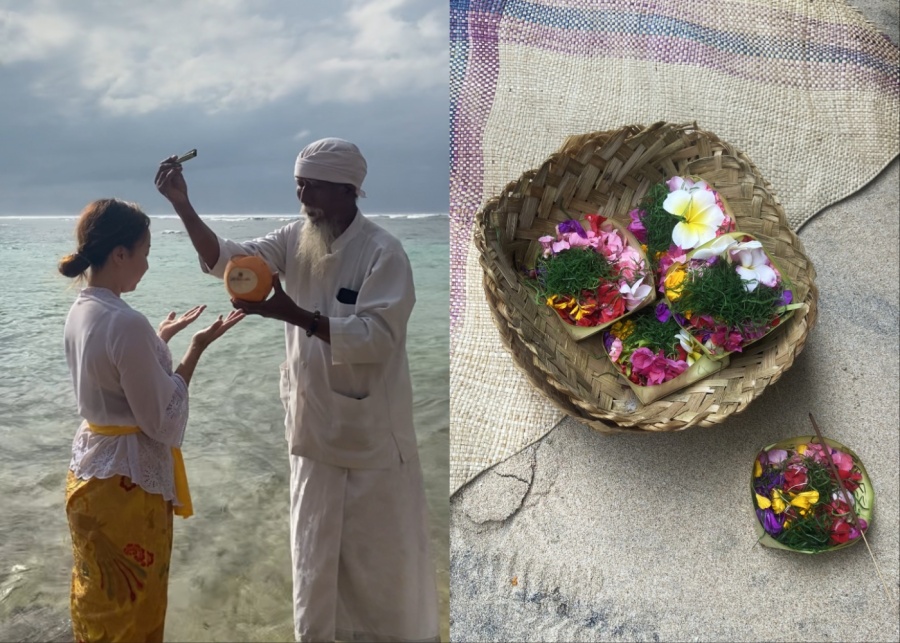 Melukat water purification ritual at a sea temple on Geger Beach - part of Mauna Wellness retreat at The Apurva Kempinski Bali, Nusa Dua Resort