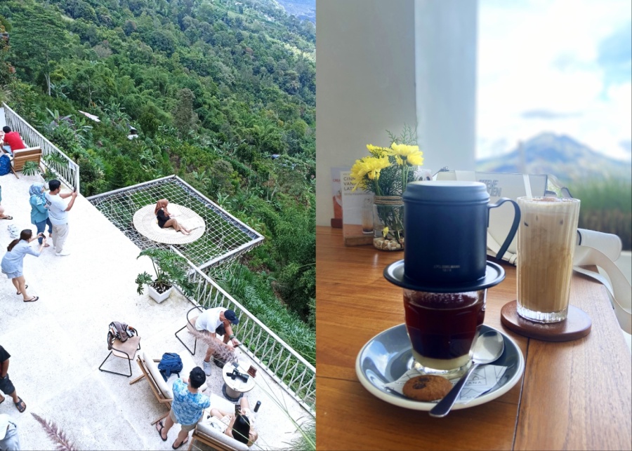 hanging net and coffee at montana del cafe in kintamani, bali, indonesia - with mount batur, mount abang and lake views
