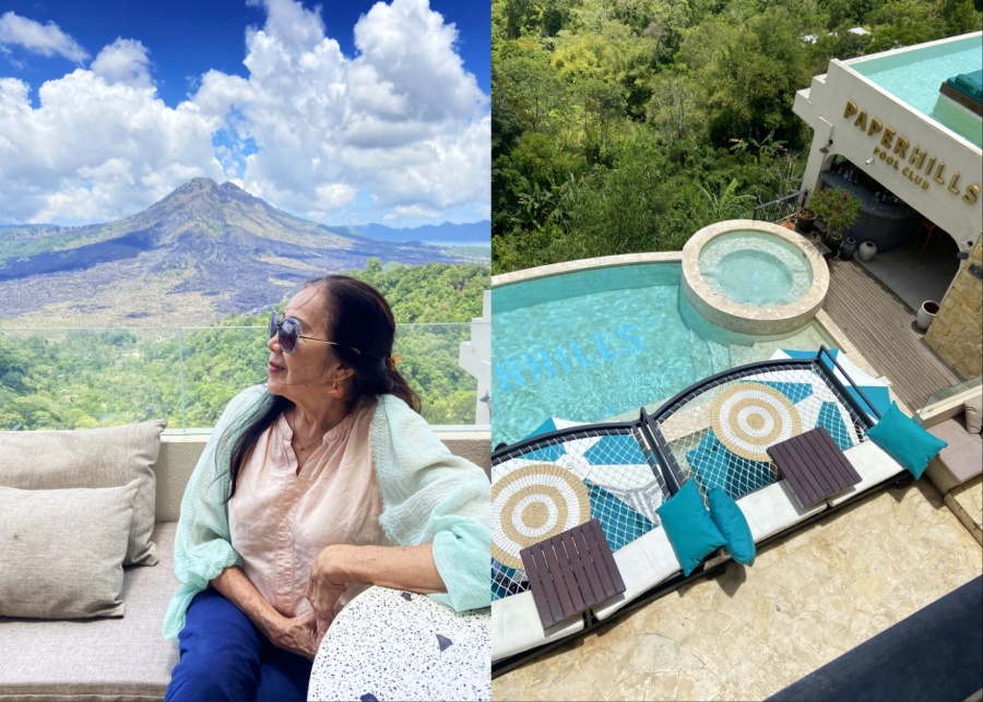 Pool club and balcony seating with Mount Batur backdrop at Paperhills in Kintamani, Bali, Indonesia