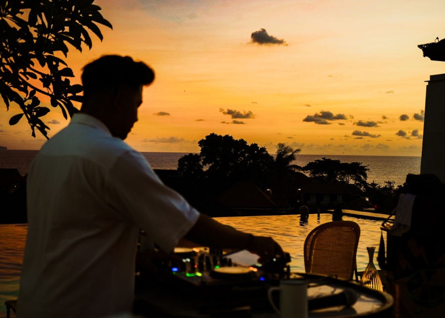 Rooftop sunset with DJ at Aloft Bali Seminyak hotel in Indonesia