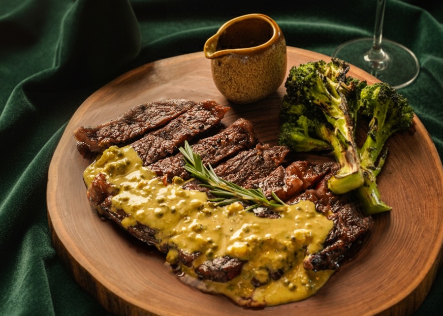 Steak dinner at Kahuna pool and restaurant on the rooftop at Aloft Bali Seminyak hotel in Indonesia