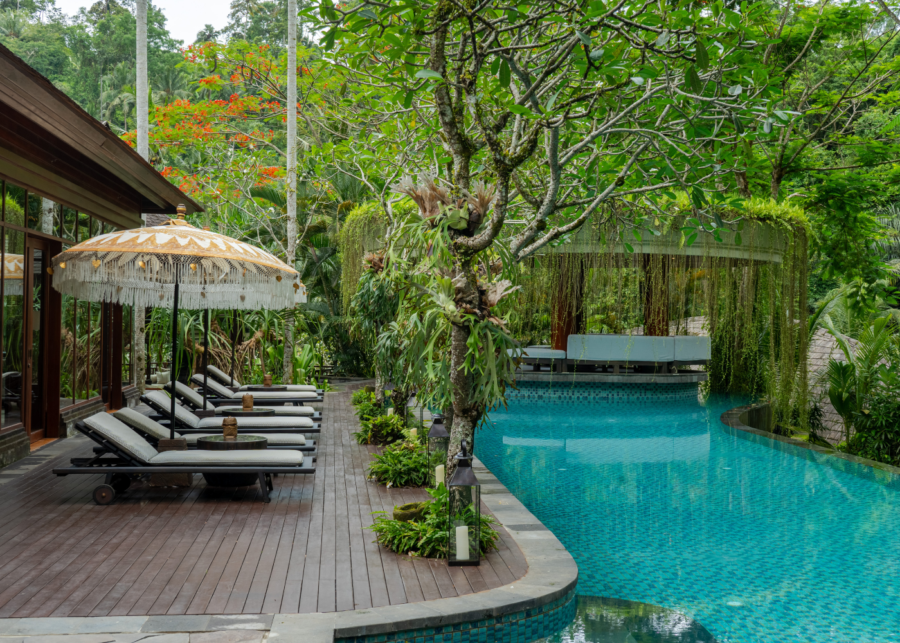 a scenic view of the pool at The Mandapa River Estate