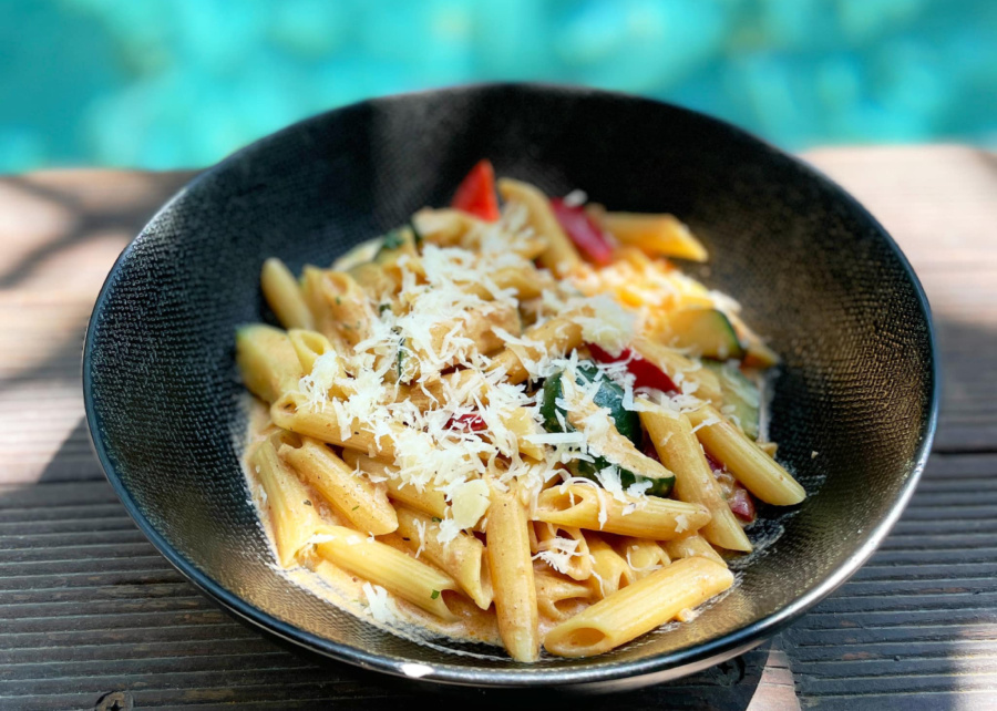 Penne Pasta at Jali Kitchen served by the pool - one of the best restaurants in Gili Trawangan, Lombok, Indonesia
