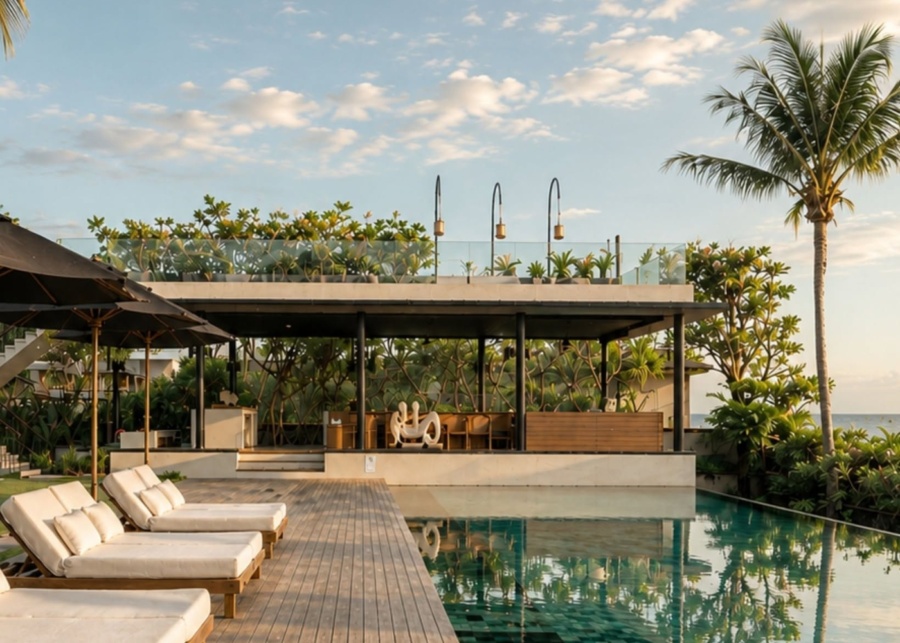 Sunset at pool and wooden deck at Arnalaya Beach House in Canggu, Bali, Indonesia - kid-friendly villa for families