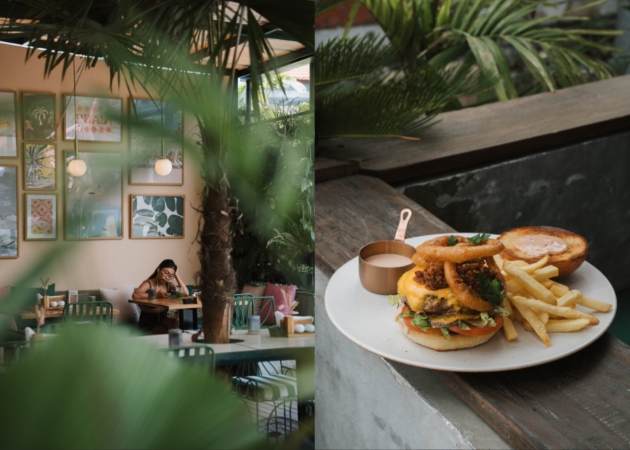 A burger and the tropical interiors of Cocomo - an all-day cafe on Batu Bolong in Canggu, Bali, Indonesia