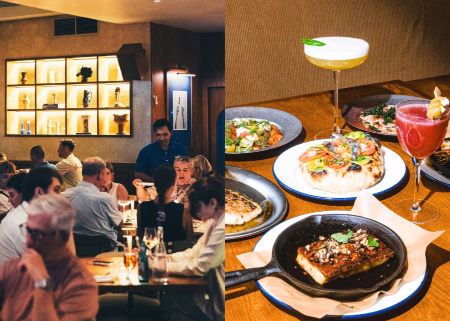 A collage of dining table at Estia Bali on the left and the menu on the right filled with food and beverages. 