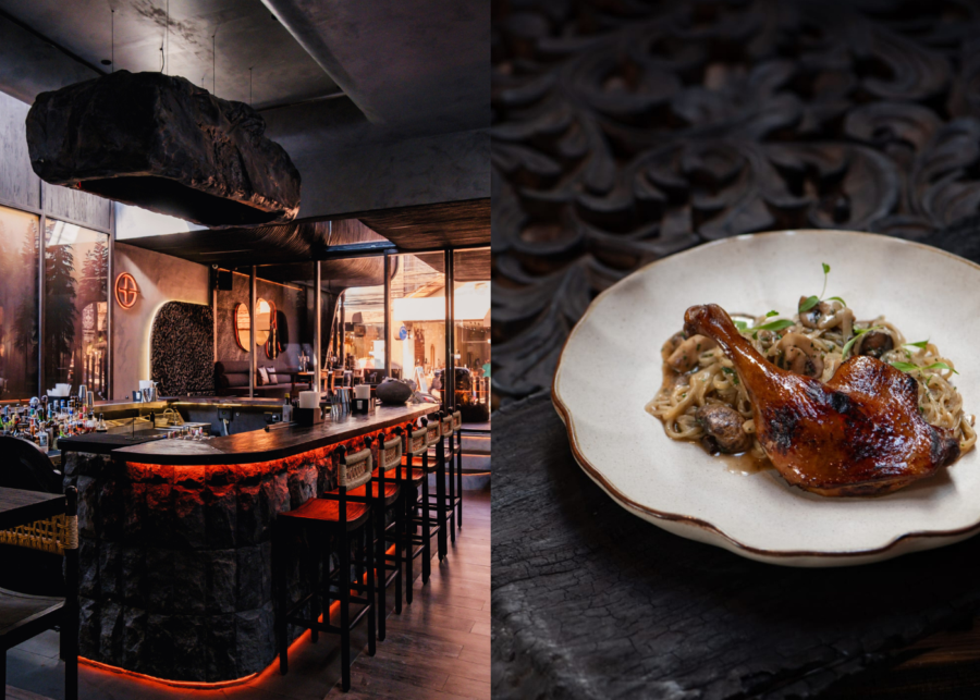 Left: The stone bar and moody, amber-lit dining room at ORYn on Monkey Forest Road, Ubud. Right: Confit duck leg noodles with shiitake and five-spice at ORYn, Bali