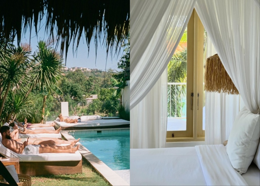 Pool view and room interior of The Warm Sun Bali