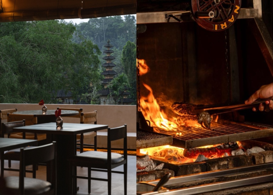 Nari restaurant with a view of the jungle and a temple in Ubud, Bali, indonesia