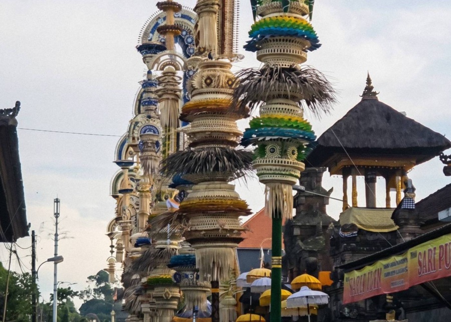 A line of penjor put up throughout Galungan and Kuningan celebrations in Bali, Indonesia