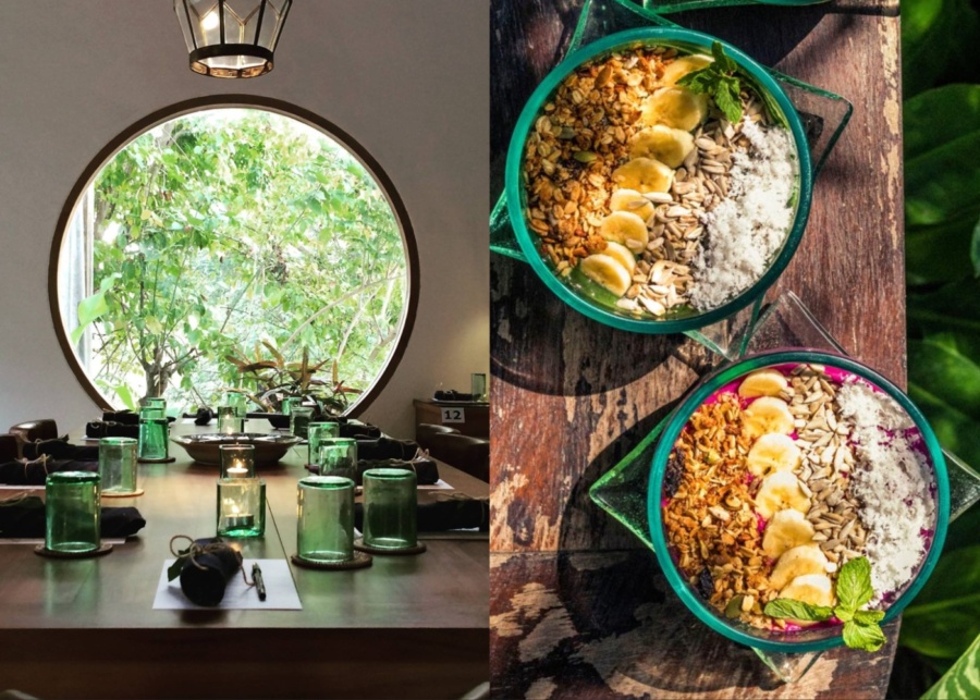 long table indoor seating and smoothie bowls served at Sage vegan restaurant in Ubud, Bali, Indonesia