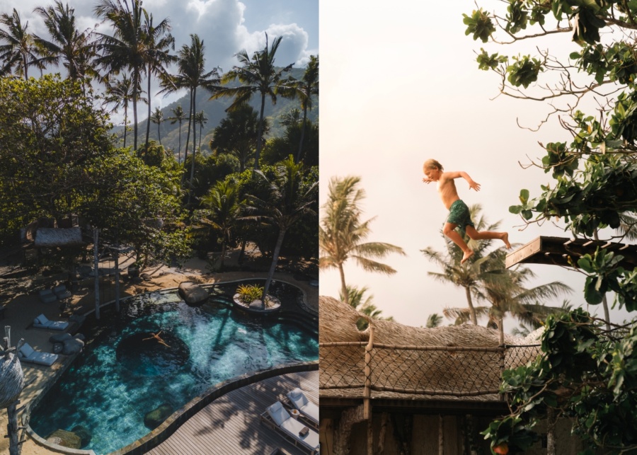 Pool overlooking the volcano and kid-friendly jumping platform at The Seed family villas in Candidasa, East Bali, Indonesia