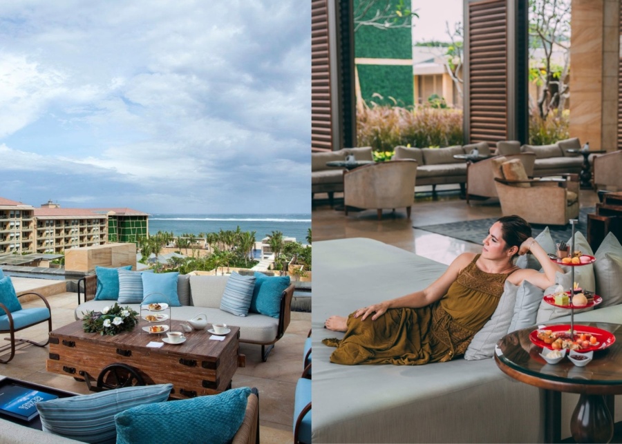 Afternoon tea at rooftop and indoor lounge inside Mulia Bali resort in Nusa Dua