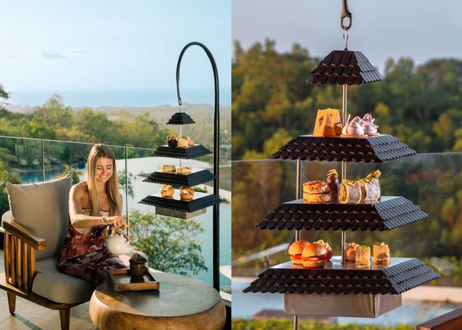 mini burgers, sandwiches and desserts for afternoon tea on the balcony at Renaissance Bali Uluwatu Resort