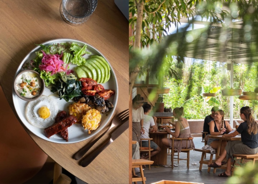 Vegan breakfast platter and open-air dining space at Alchemy - plant-based restaurant in Uluwatu, Bali, Indonesia