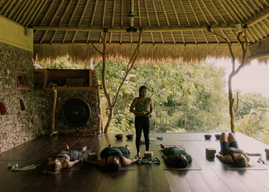 Open-air yoga class at Ashtari in Kuta Lombok, East Indonesia