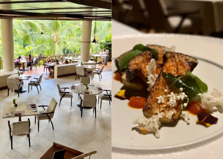 Tables overlooking treetops and Indonesian main course at Ayung Terrace restaurant inside Four Seasons Resort Bali at Sayan near Ubud, Bali