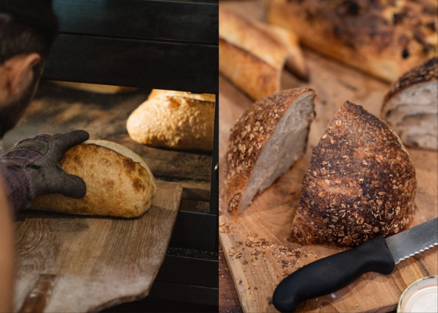 Sourdough loaves baking in the oven at Baro Bakery in Pererenan, Canggu, Bali
