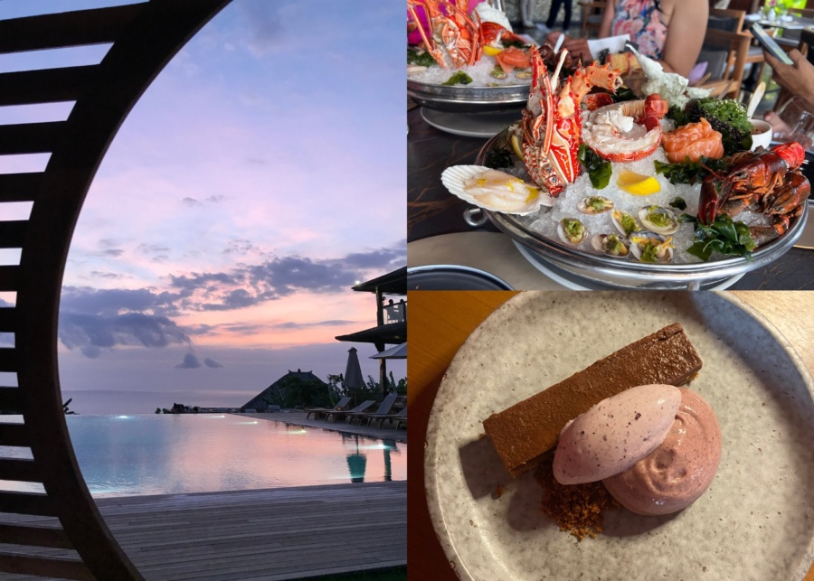 Sunset view at the pool at Mana Uluwatu, seafood platter at Sundara, dessert at Dome - best hotel restaurants in Bali, Indonesia