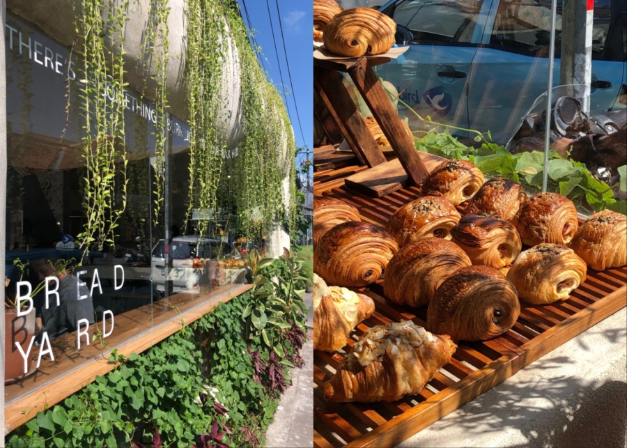 The exterior and croissants on display at Bread Yard Bakery in Seminyak, Bali, Indonesia