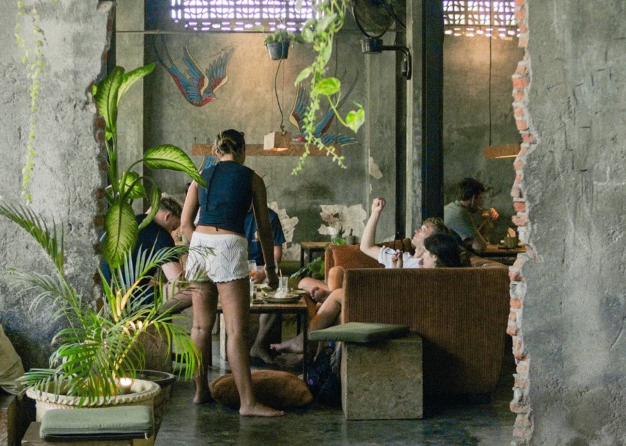 Industrial warehouse interior inside Bush Radio cafe in Kuta Lombok - best for coffee, breakfast and slow brunch