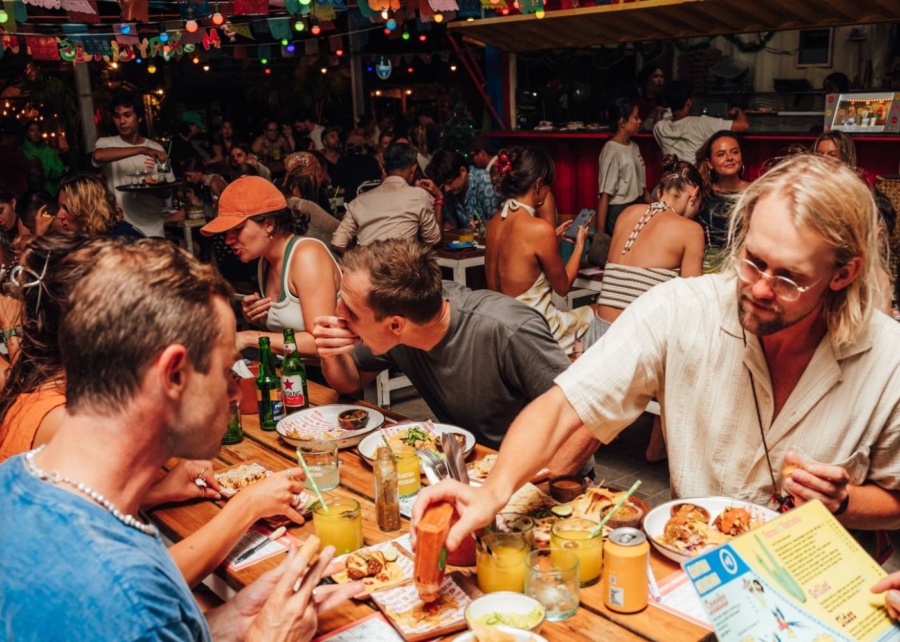 Outdoor group dinner at Cantina Mexicana restaurant in Kuta Lombok, East Indonesia