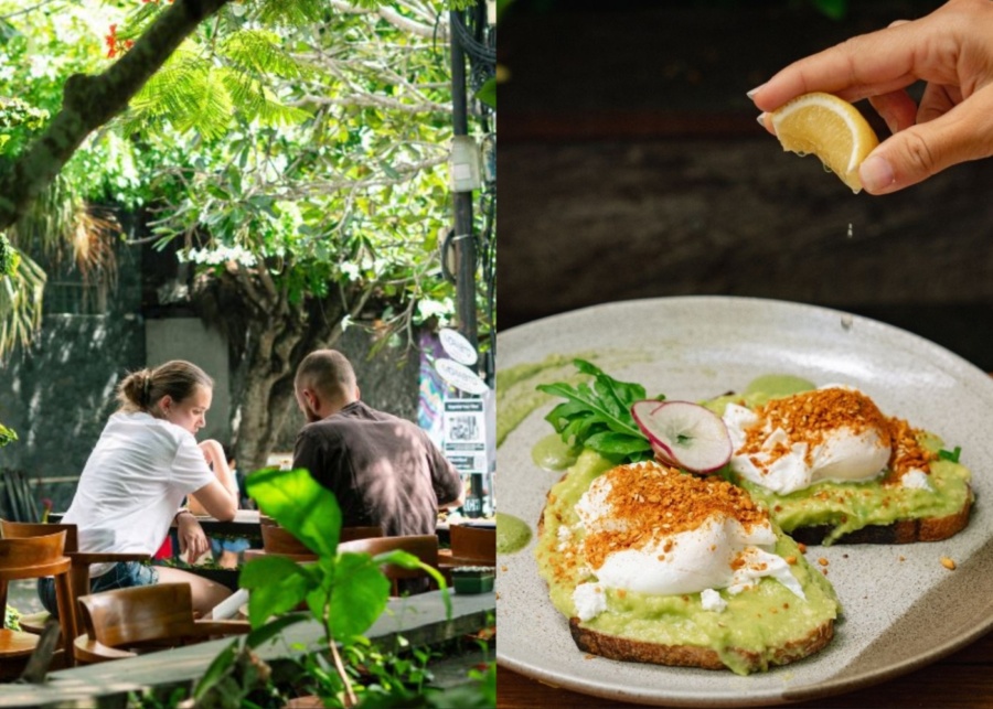 outdoor seating and avocado on toast at Drifter, vegetarian-friendly cafe in Uluwatu, Bali, Indonesia