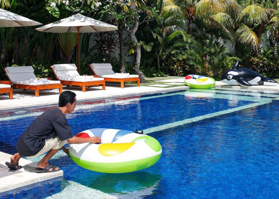 Pool with inflated toys at Villa Asante - a family-friendly villa in Canggu for kids holiday in Bali Indonesia