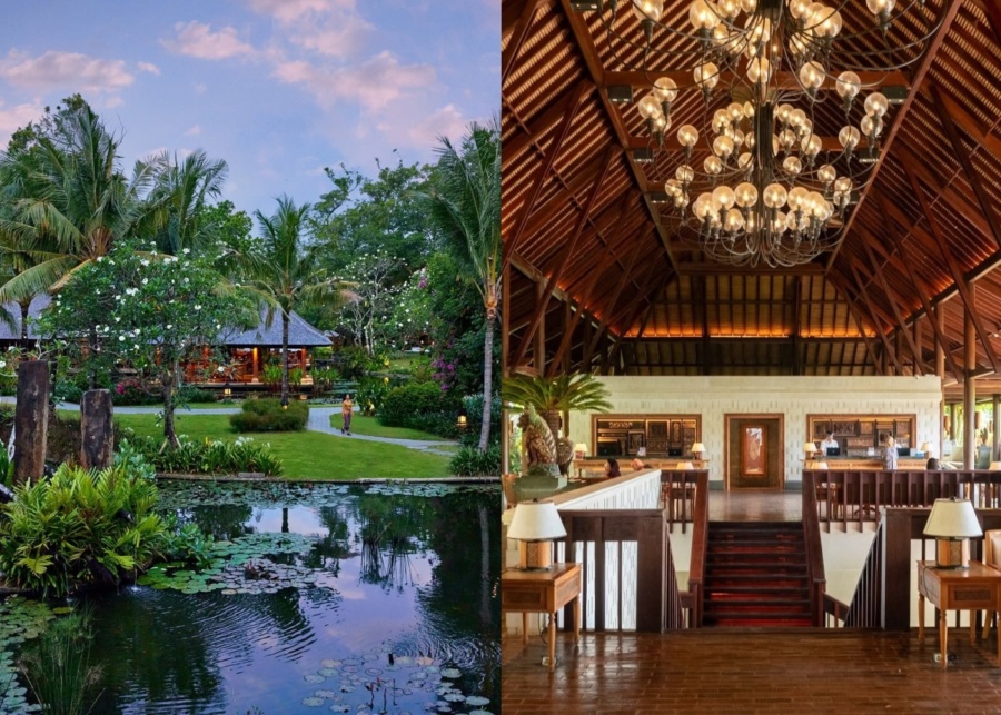 Lotus pond and lobby with high ceilings and wooden decor at Hyatt Regency Bali hotel in Sanur