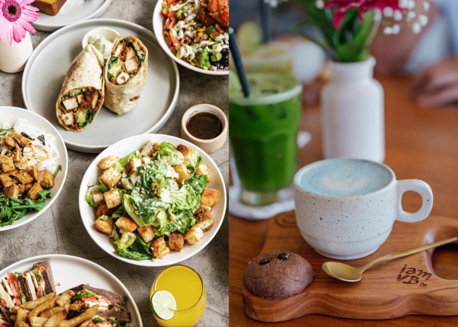 Plant-based food and spirulina cappuccino at I am vegan babe, cafe in Canggu, Bali, Indonesia