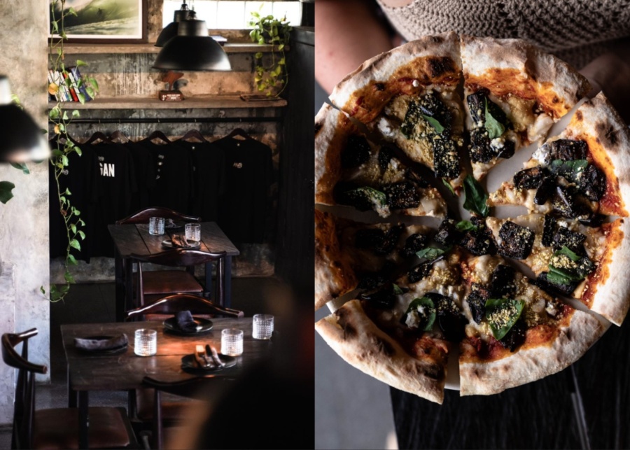 Industrial interior and vegan pizza at Kasto Italian Restaurant in Canggu, Bali, Indonesia