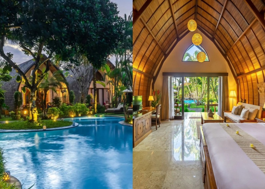 Cabins by the main swimming pool and the interiors at Klumpu Bali Resort in Sanur