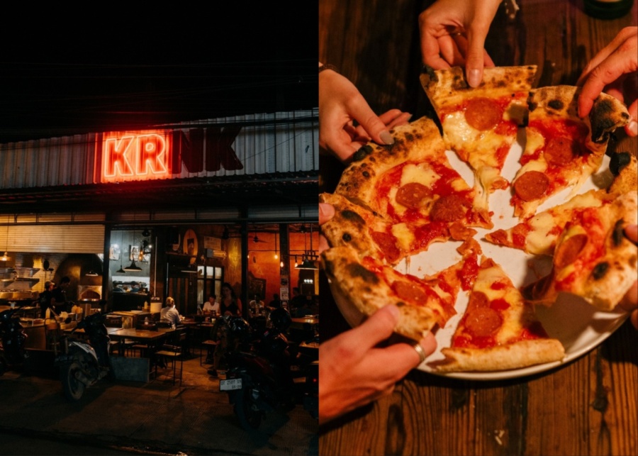 Night view from outside and shared pizza at KRNK restaurant in Kuta Lombok, for casual dinner and group hangout